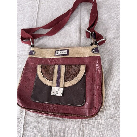 US Polo Assn Purse Messenger Bag Canvas Vinyl Polo Player Beige Red Brown - Picture 1 of 11
